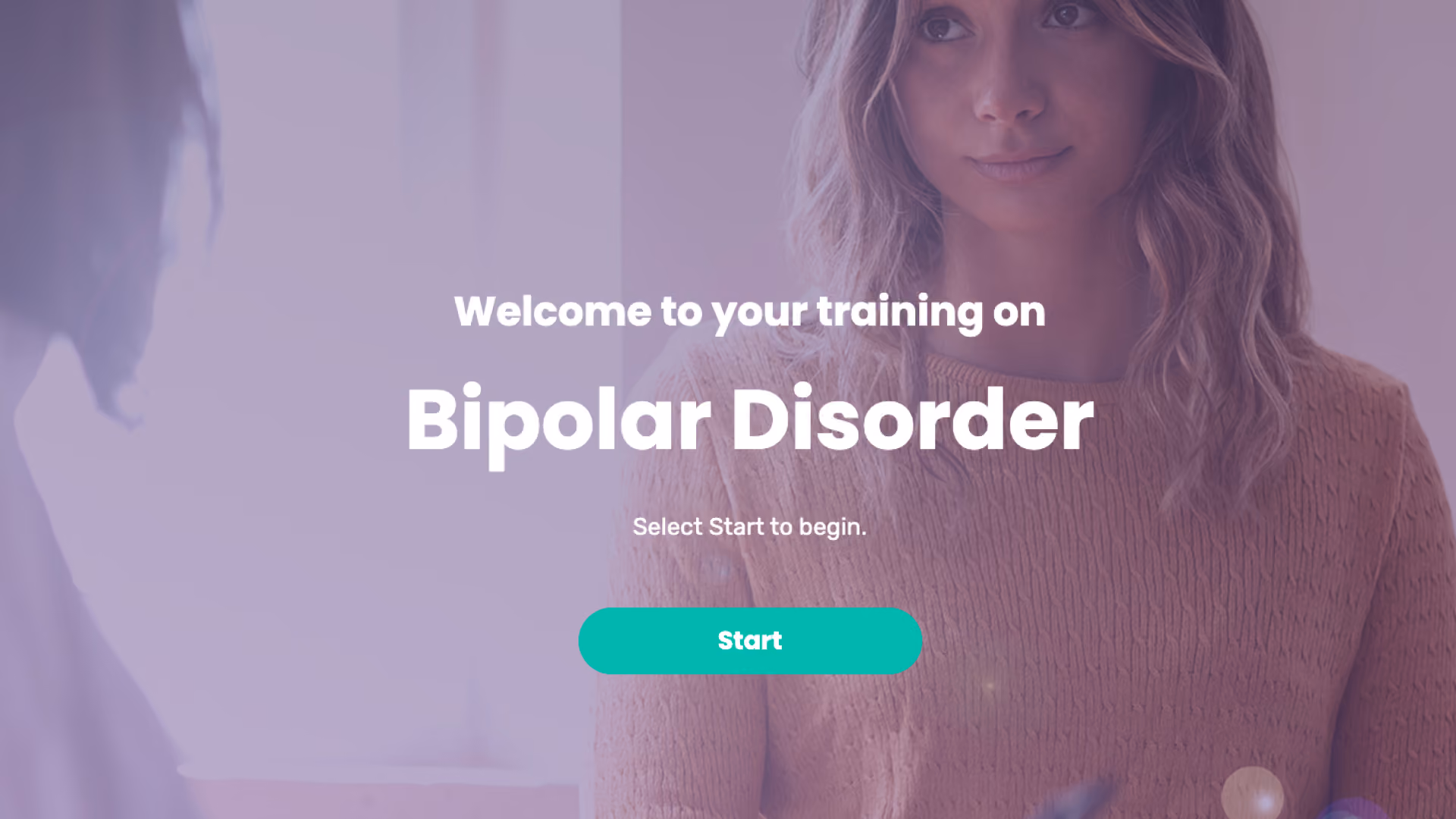 A woman with wavy hair looks toward another person in the foreground, under a purple overlay, next to the title "Welcome to your training on Bipolar Disorder".