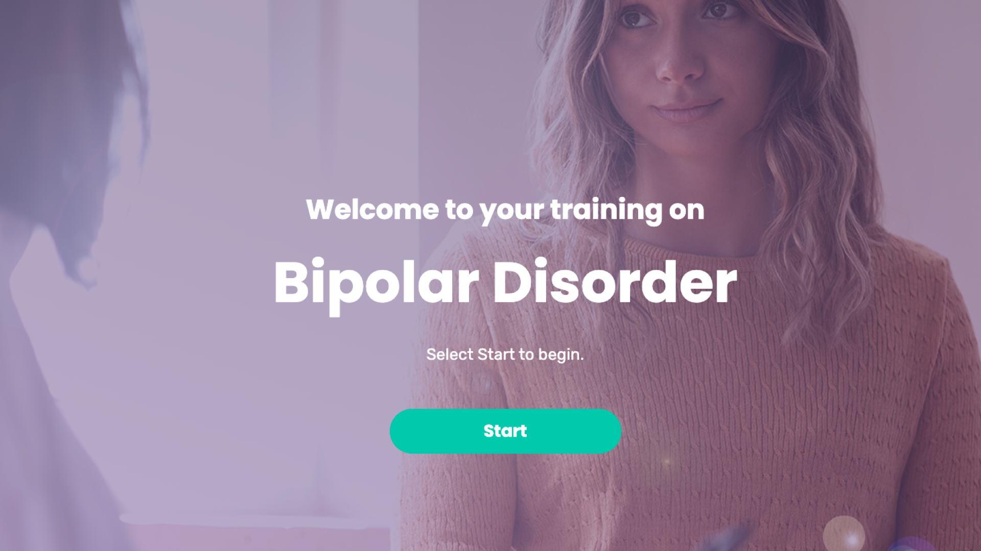 A woman with wavy hair looks toward another person in the foreground, under a purple overlay, next to the title "Welcome to your training on Bipolar Disorder".
