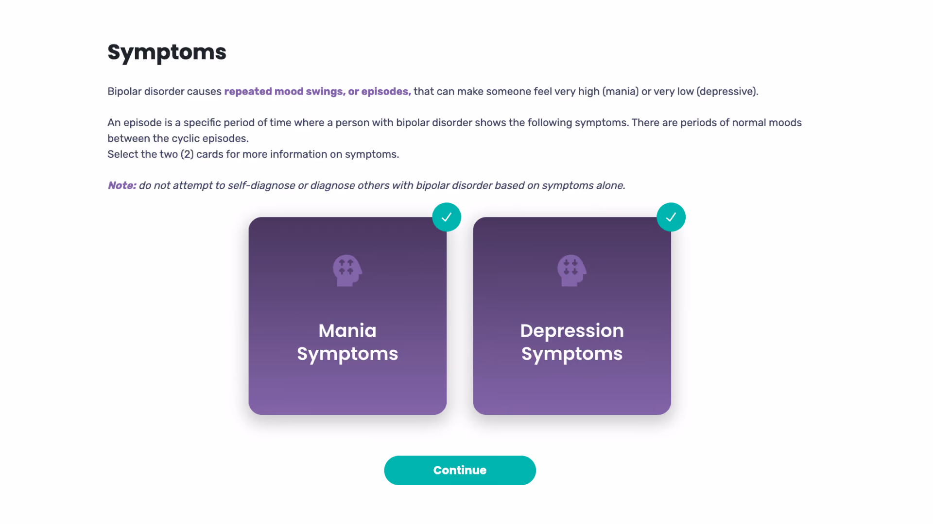 A course screen titled "Symptoms" with two purple flip cards: Mania Symptoms and Depression Symptoms.