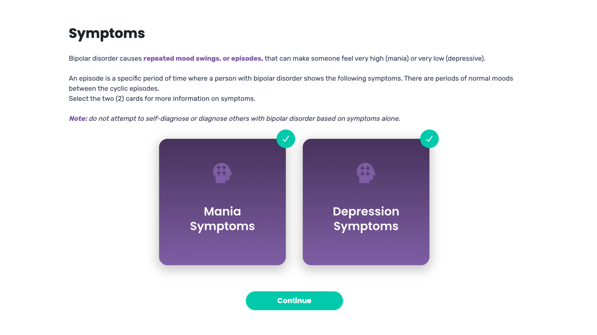 A course screen titled "Symptoms" with two purple flip cards: Mania Symptoms and Depression Symptoms.