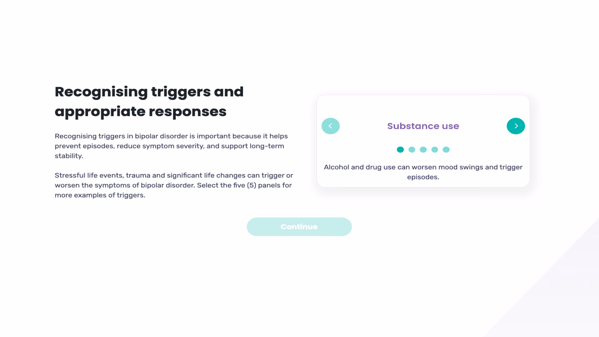 A course screen titled "Recognising triggers and appropriate responses" with a carousel card showing "Substance use" and a short description.