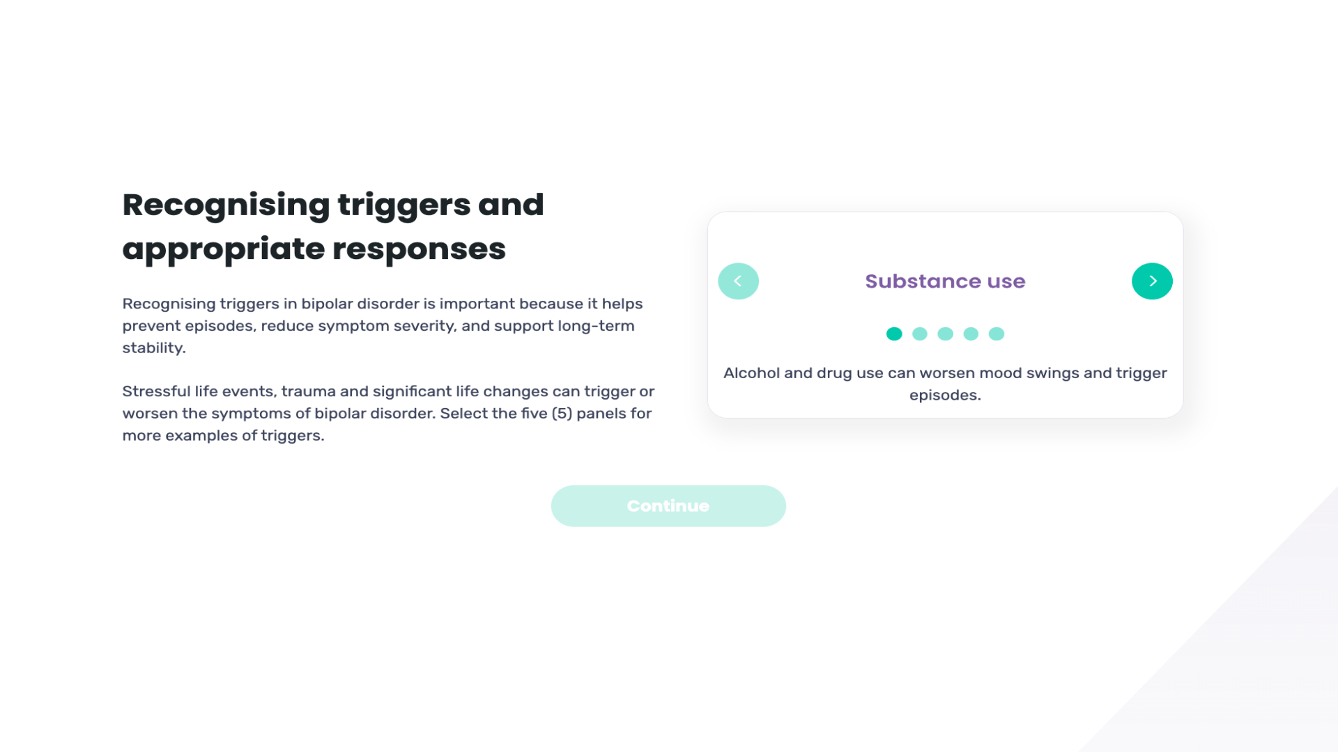 A course screen titled "Recognising triggers and appropriate responses" with a carousel card showing "Substance use" and a short description.
