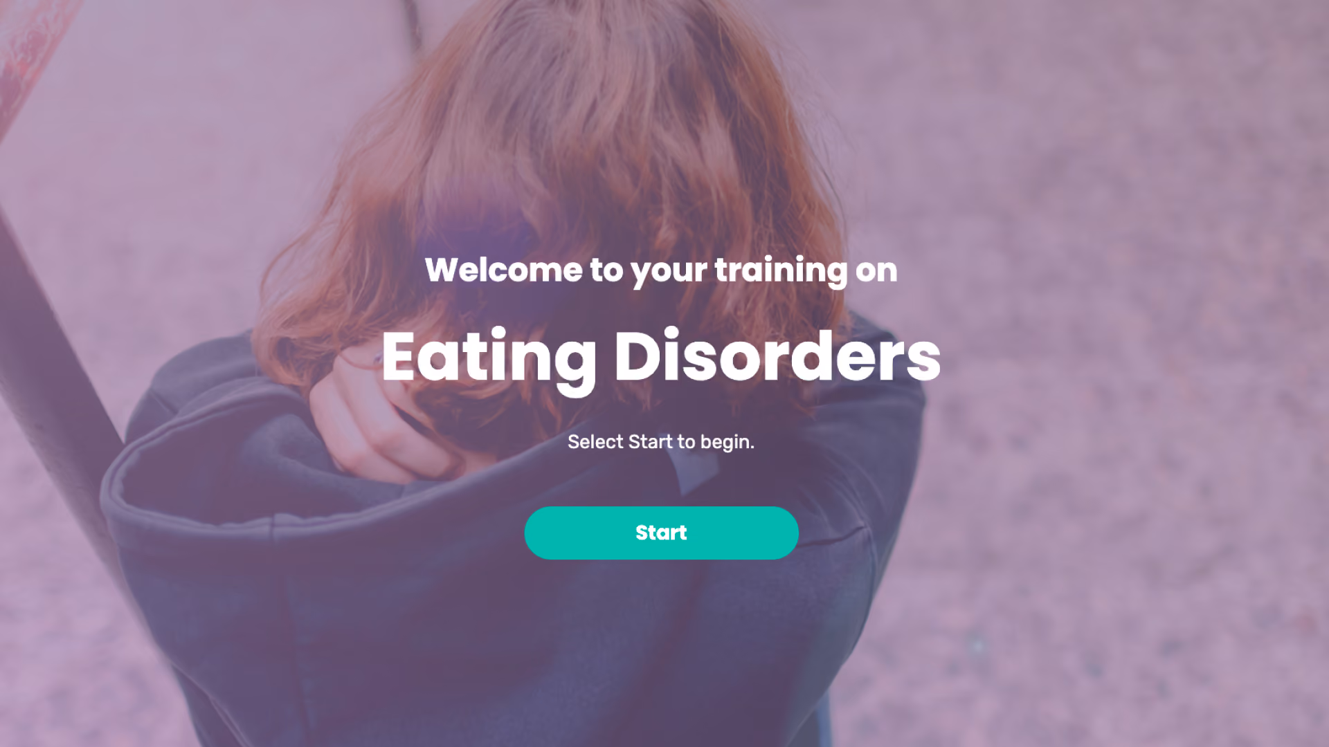 These two are the same image. A young person in a hoodie sits on a swing with their back to the camera and face turned away, under a pink and purple overlay, next to the title "Welcome to your training on Eating Disorders".
