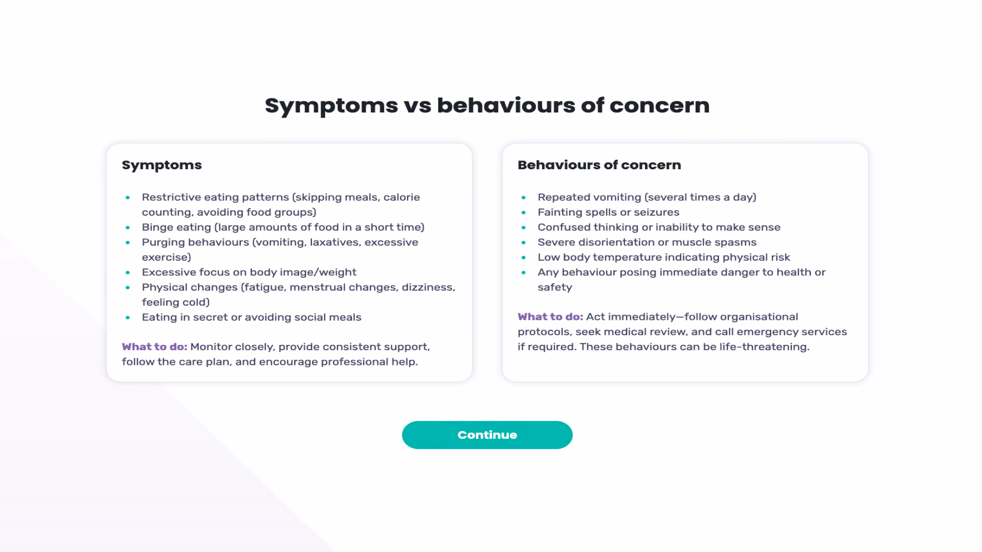 A course screen titled "Symptoms vs behaviours of concern" with two panels listing eating disorder symptoms and more urgent behaviours of concern, each with a "What to do" note.