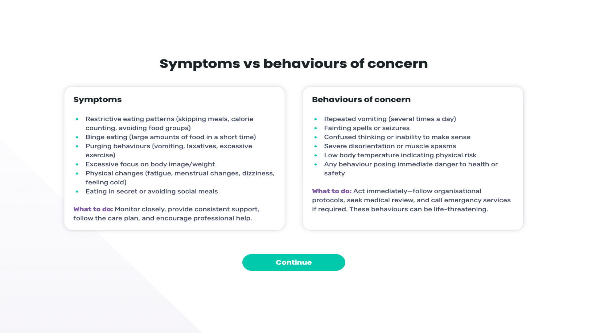 A course screen titled "Symptoms vs behaviours of concern" with two panels listing eating disorder symptoms and more urgent behaviours of concern, each with a "What to do" note.