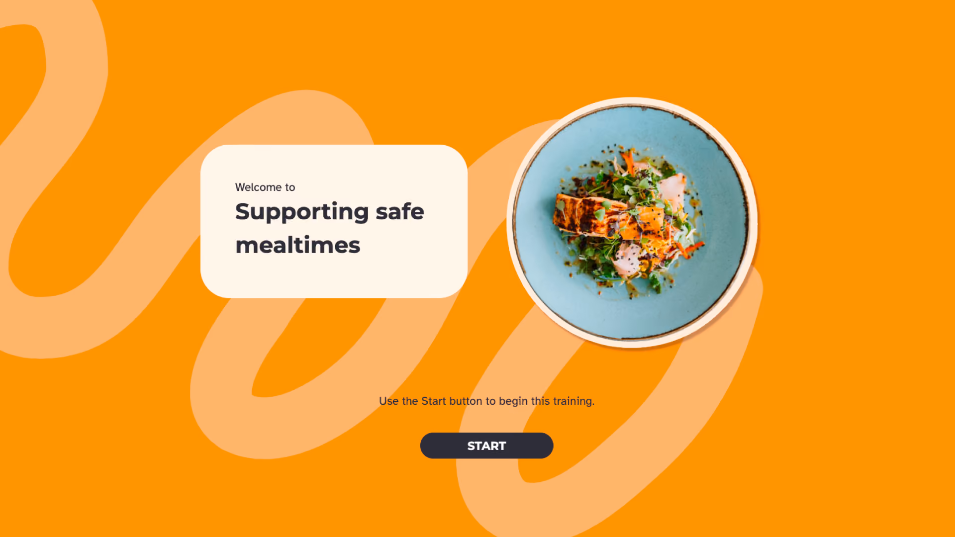 A plated meal of salmon and salad on a blue bowl, viewed from above, next to the title "Welcome to Supporting safe mealtimes".