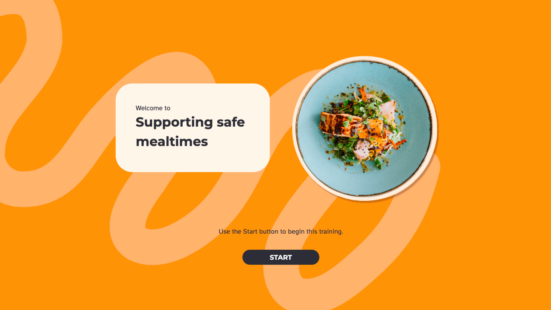 A plated meal of salmon and salad on a blue bowl, viewed from above, next to the title "Welcome to Supporting safe mealtimes".