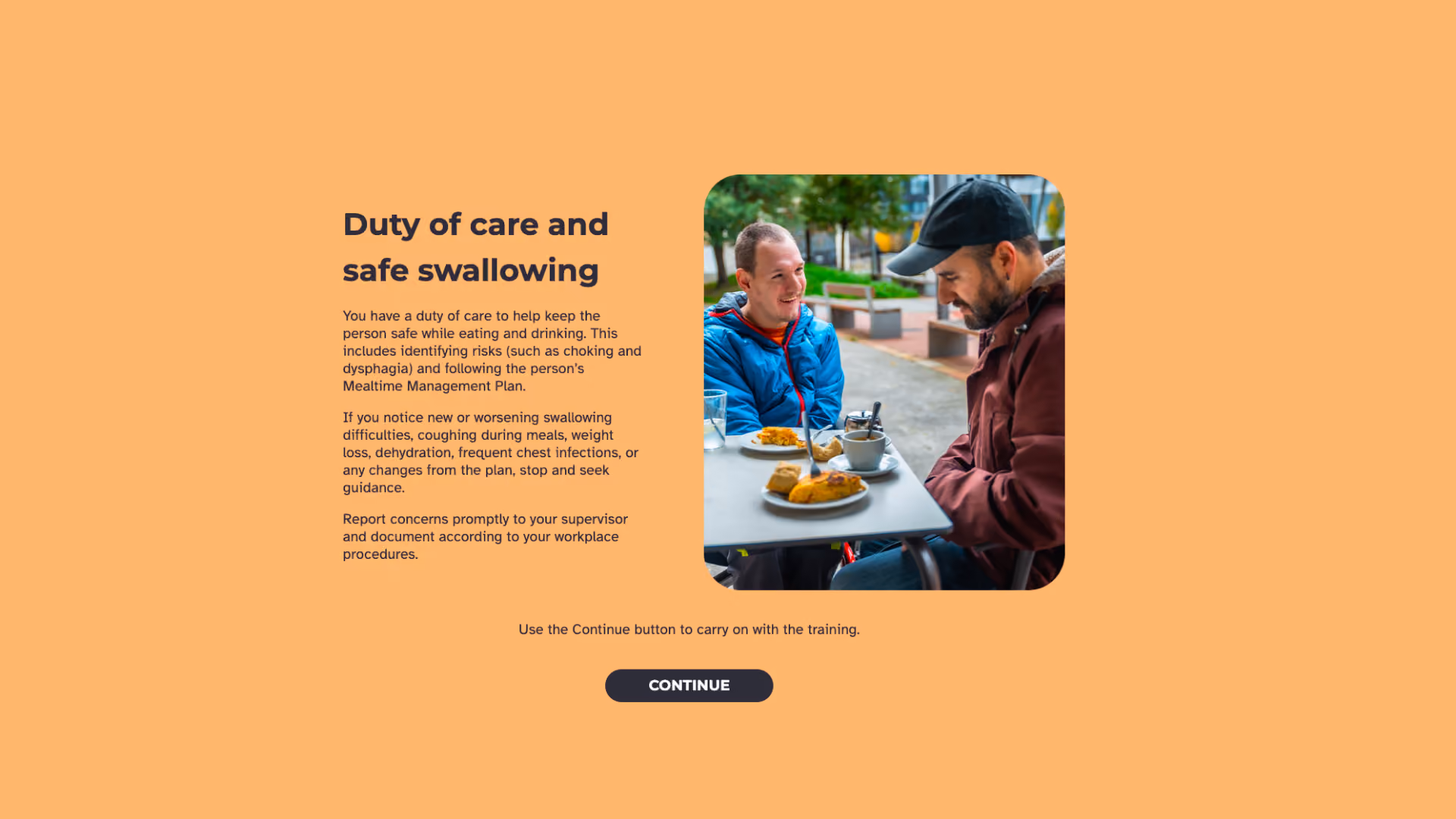 Two men sit at an outdoor table with plates of food and coffee, talking, next to text about duty of care and safe swallowing.