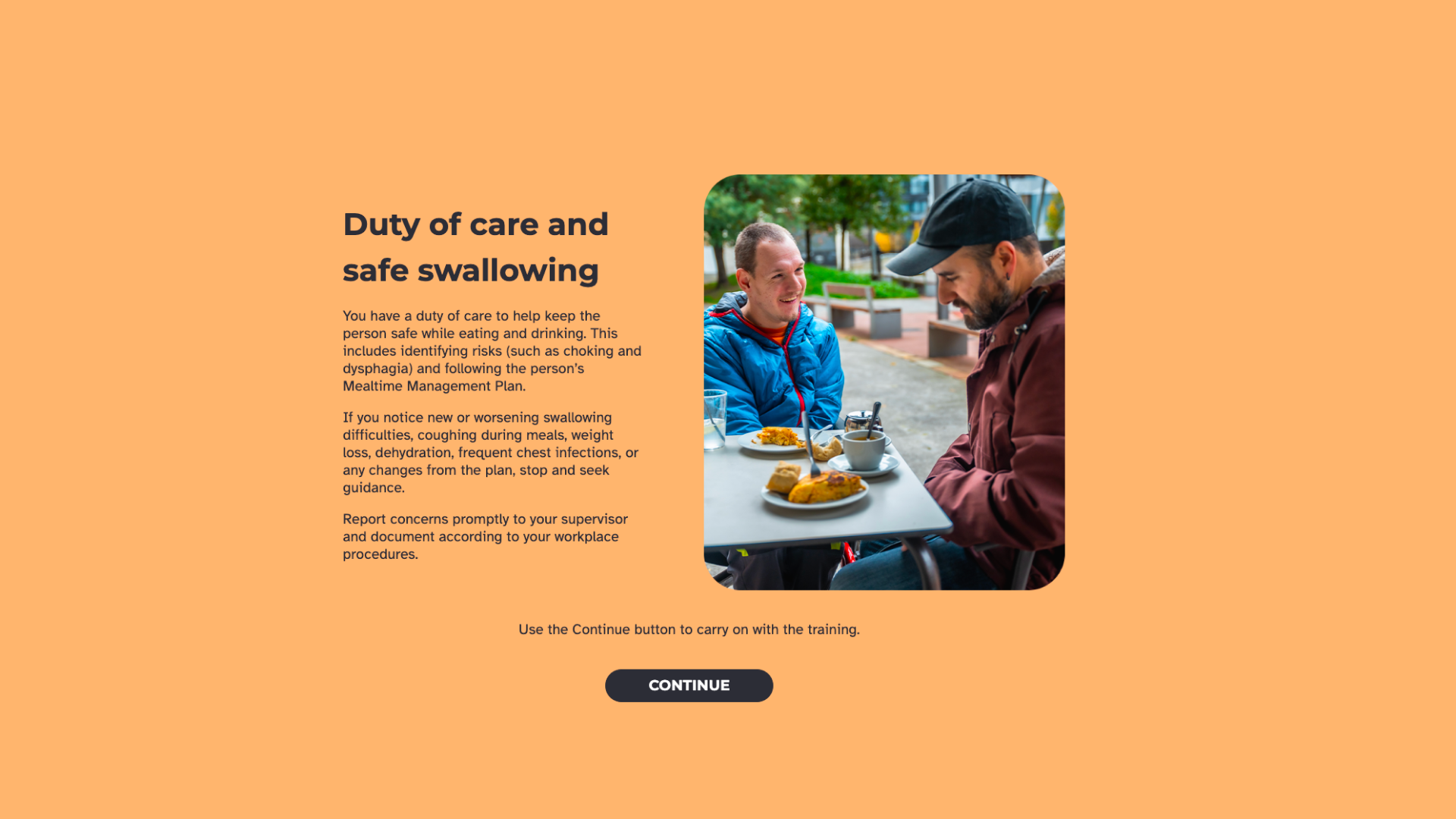 Two men sit at an outdoor table with plates of food and coffee, talking, next to text about duty of care and safe swallowing.