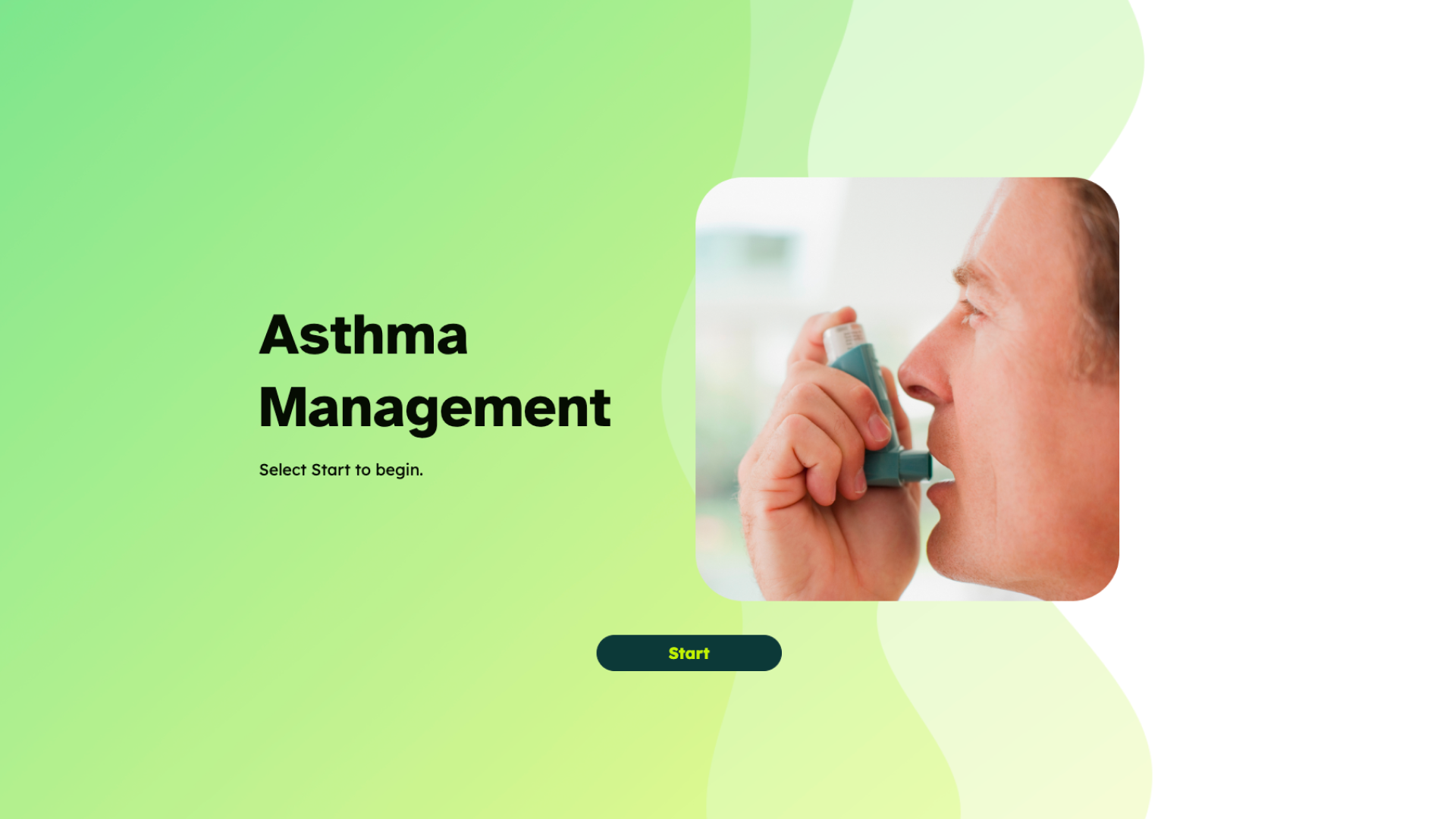 A man uses a blue inhaler, shown in profile, next to the title "Asthma Management".