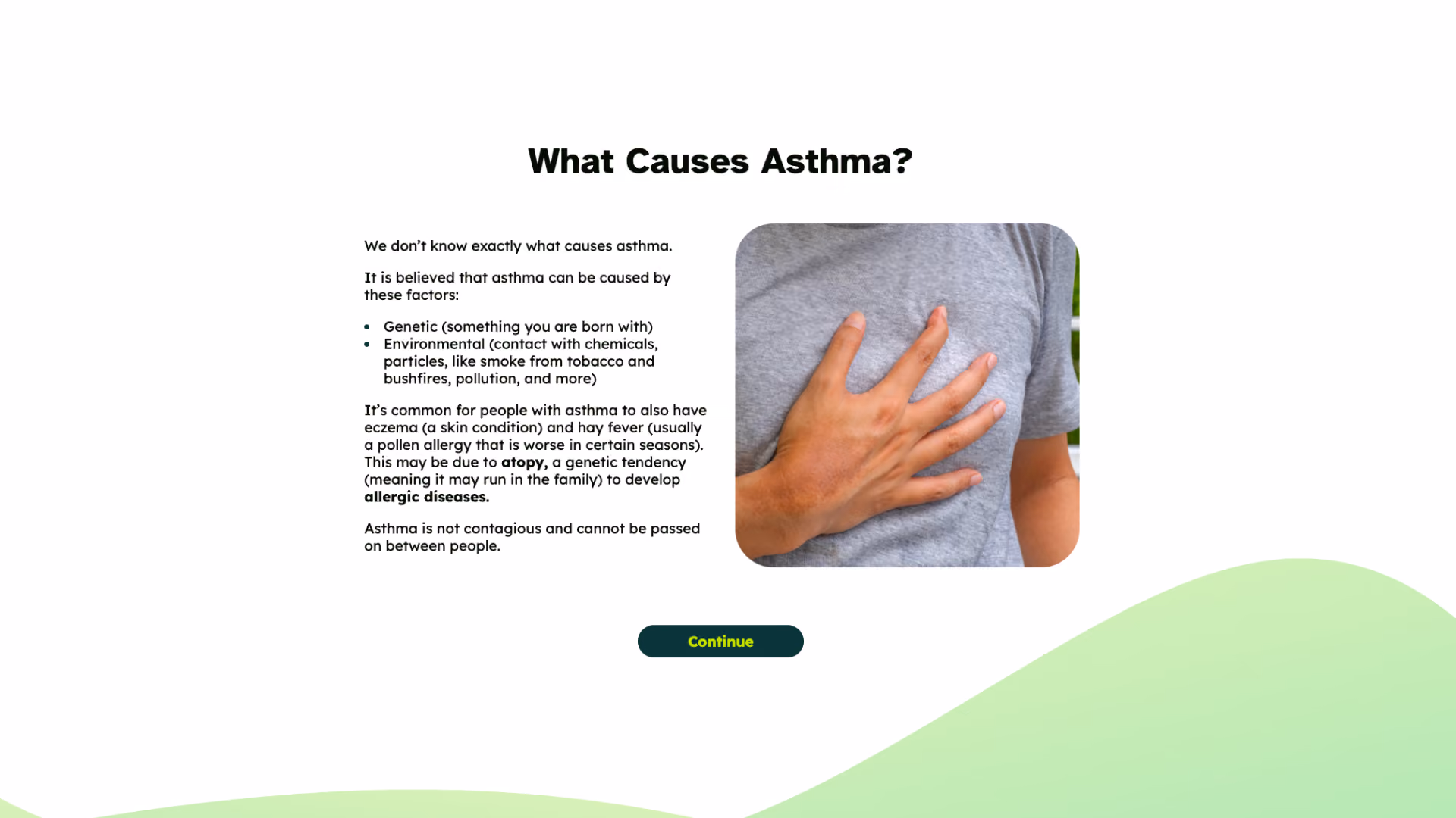 A person rests a hand on their chest over a grey t-shirt, next to text explaining what causes asthma.