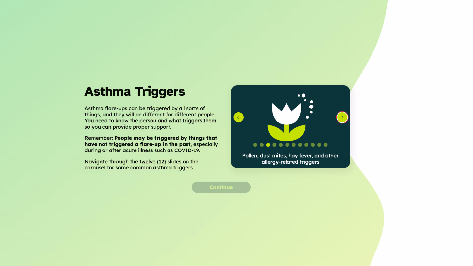 A course screen titled "Asthma Triggers" with a carousel card showing a flower-and-pollen icon labelled "Pollen, dust mites, hay fever, and other allergy-related triggers".