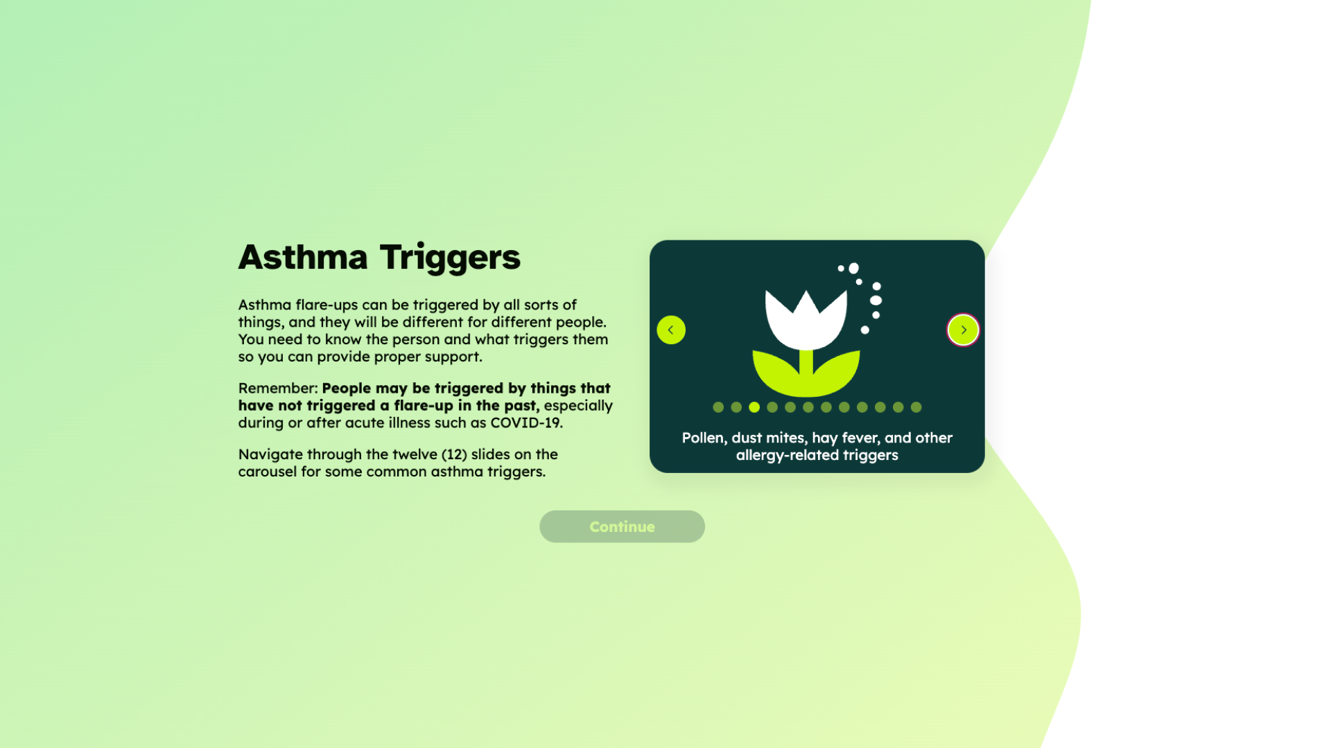 A course screen titled "Asthma Triggers" with a carousel card showing a flower-and-pollen icon labelled "Pollen, dust mites, hay fever, and other allergy-related triggers".