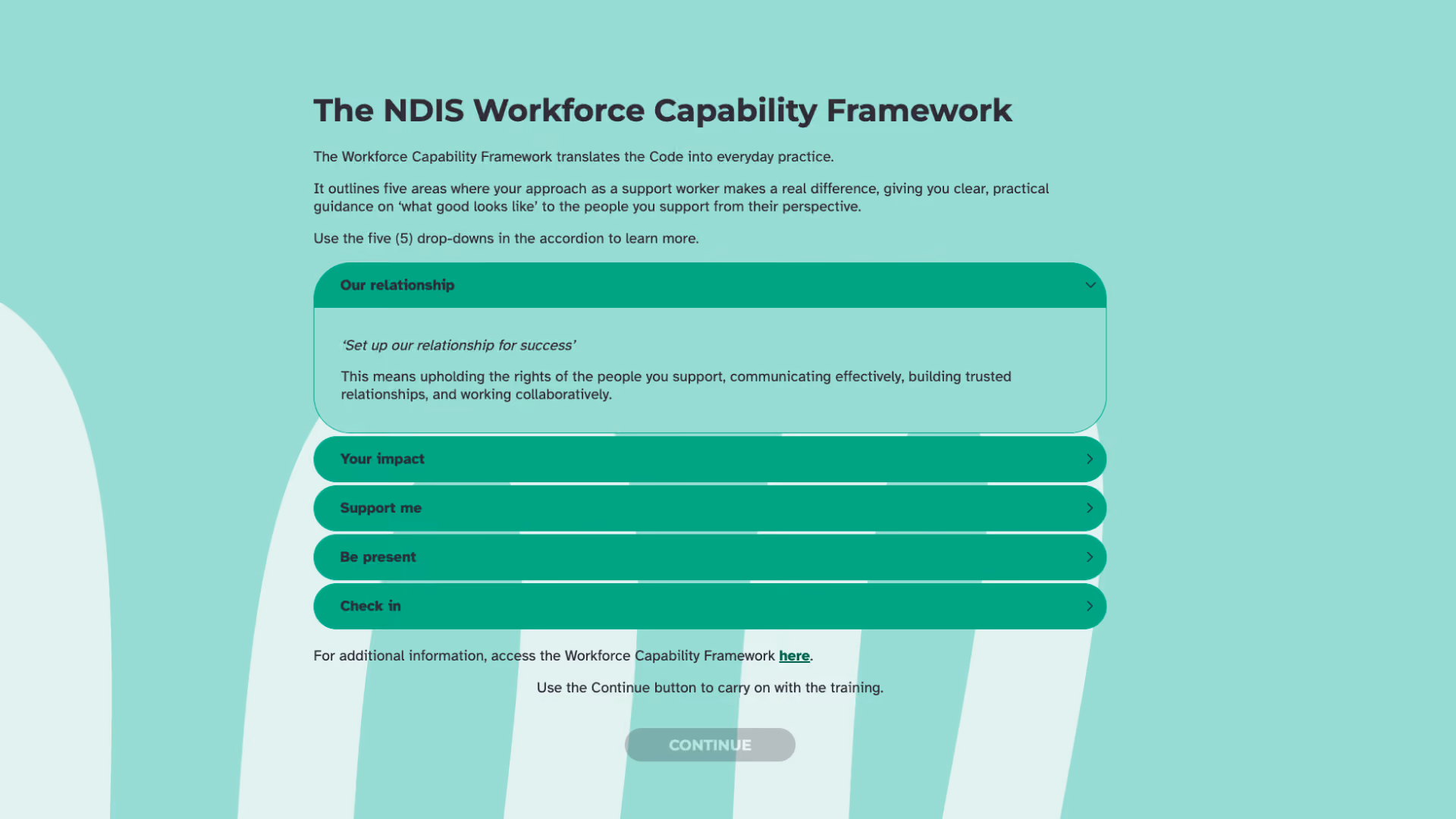 A course screen titled "The NDIS Workforce Capability Framework" with a five-item accordion: Our relationship, Your impact, Support me, Be present, and Check in.