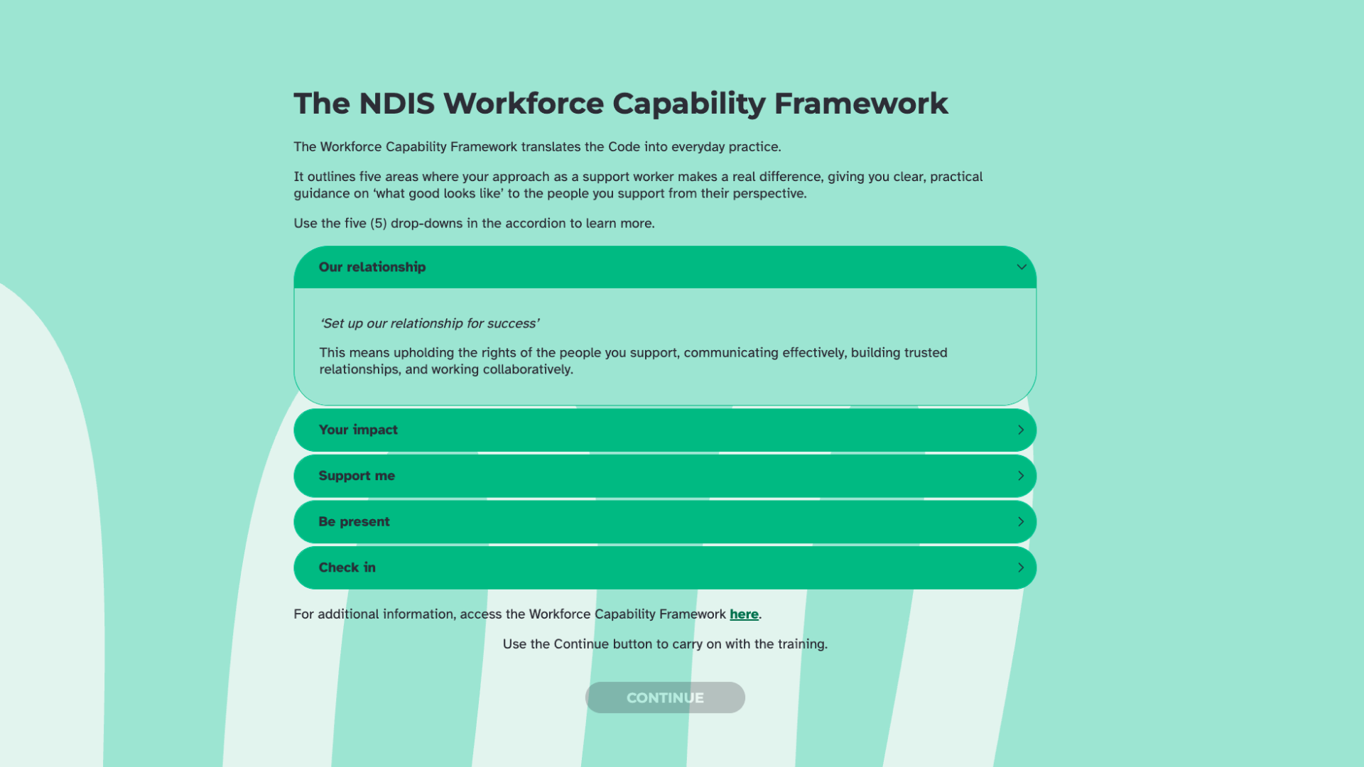 A course screen titled "The NDIS Workforce Capability Framework" with a five-item accordion: Our relationship, Your impact, Support me, Be present, and Check in.