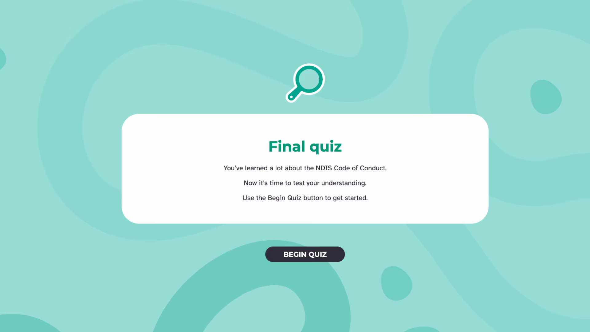 A course screen titled "Final quiz" with a magnifying glass icon and a "Begin quiz" button.