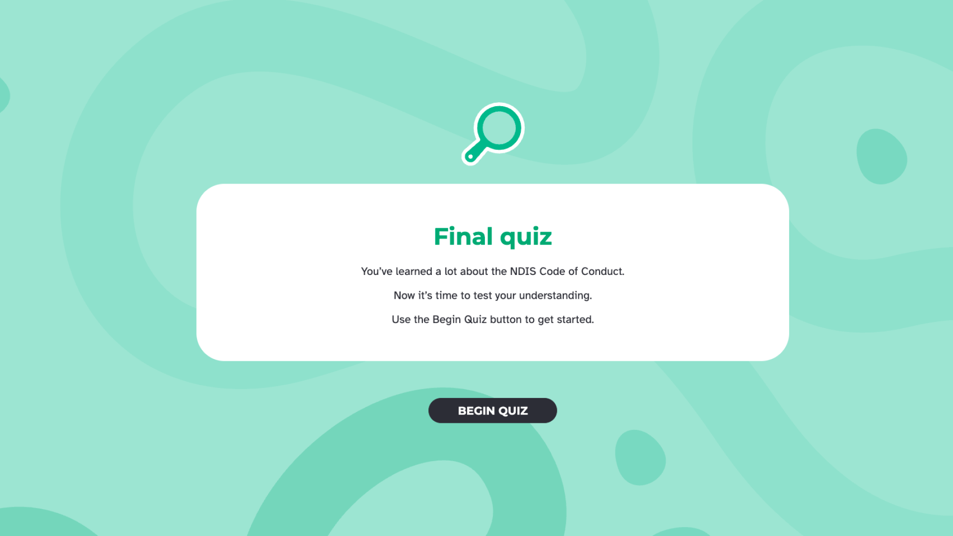 A course screen titled "Final quiz" with a magnifying glass icon and a "Begin quiz" button.
