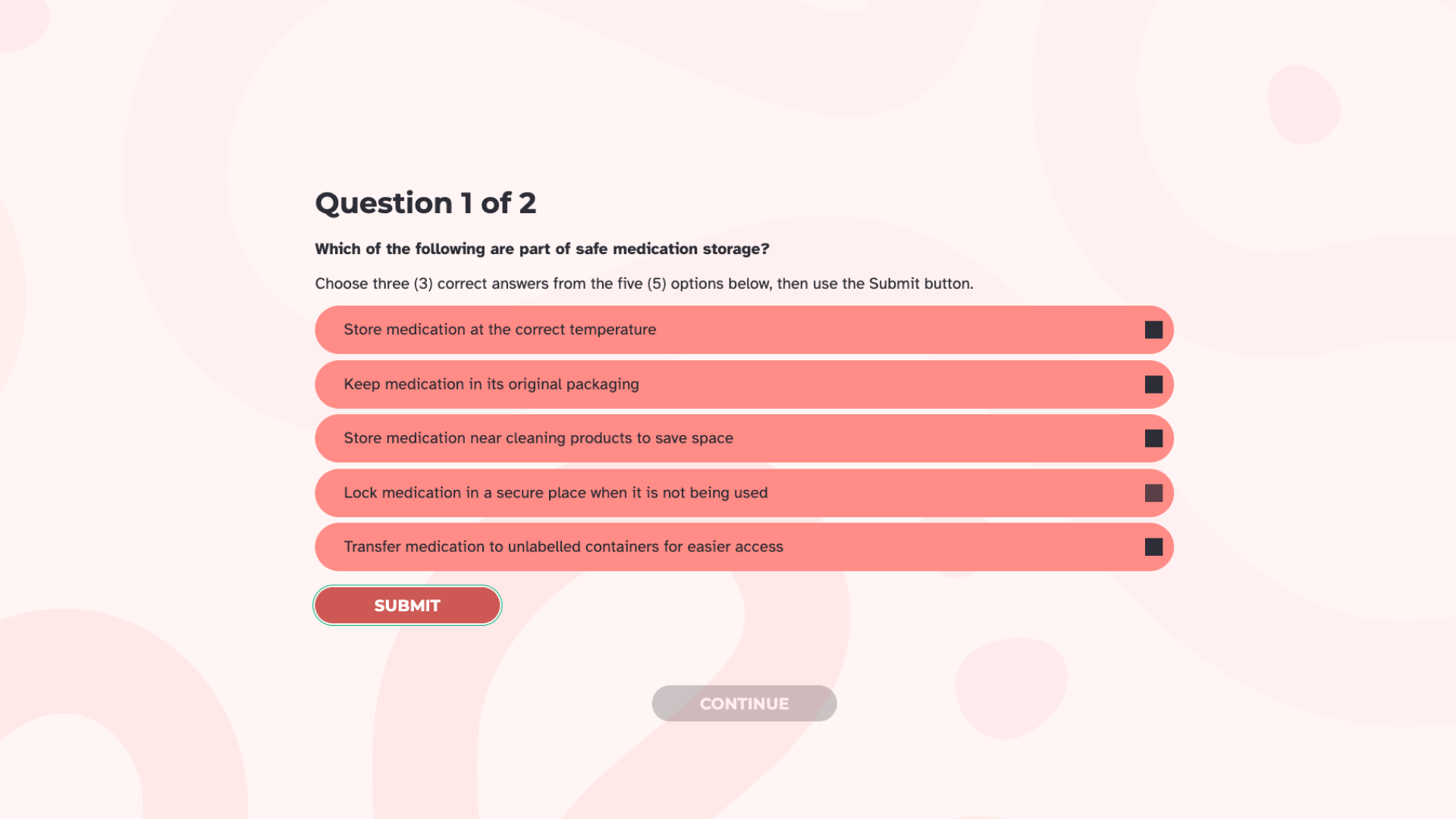 A course screen titled "Question 1 of 2" asking which options are part of safe medication storage, with five answer options.