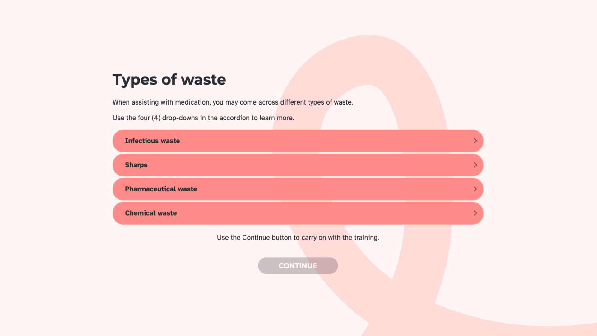 A course screen titled "Types of waste" with a four-item accordion: Infectious waste, Sharps, Pharmaceutical waste, and Chemical waste.
