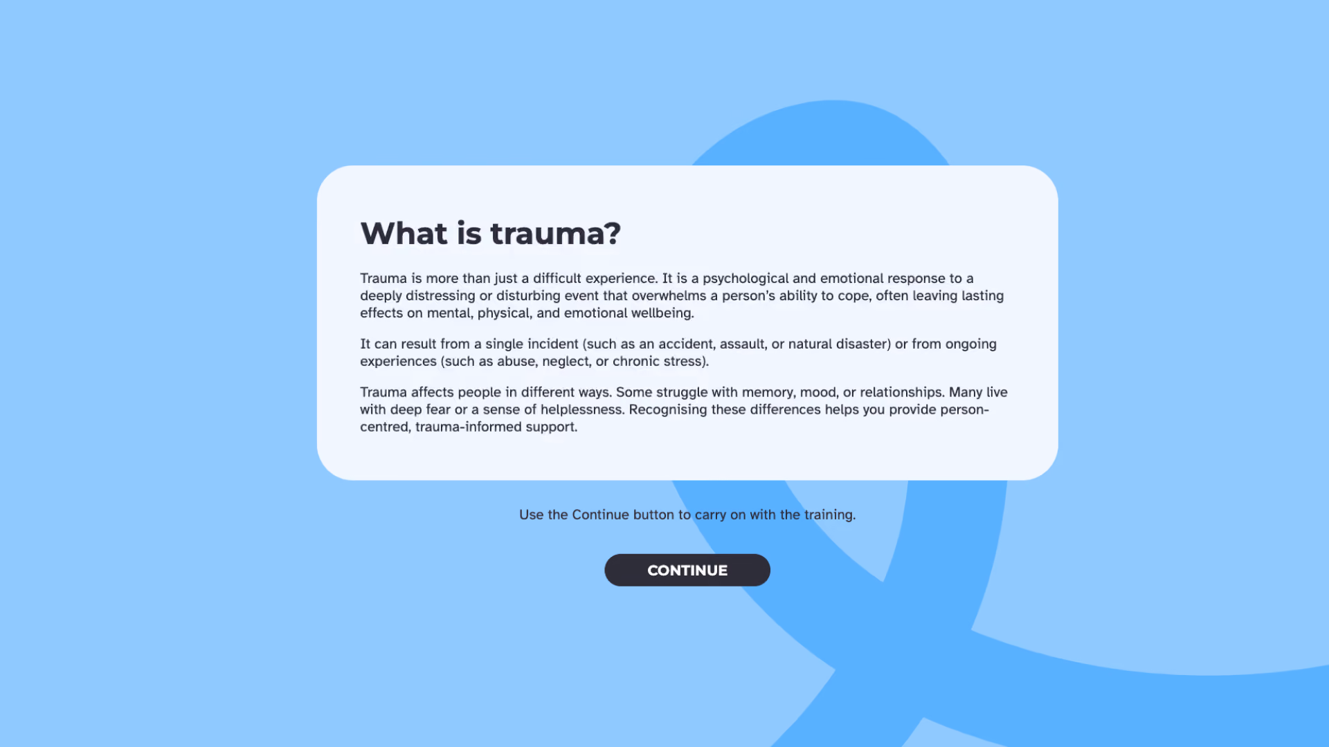 A course screen titled "What is trauma?" with text explaining what trauma is and how it affects people differently.
