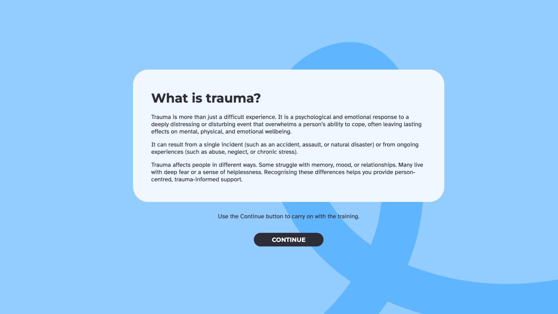 A course screen titled "What is trauma?" with text explaining what trauma is and how it affects people differently.