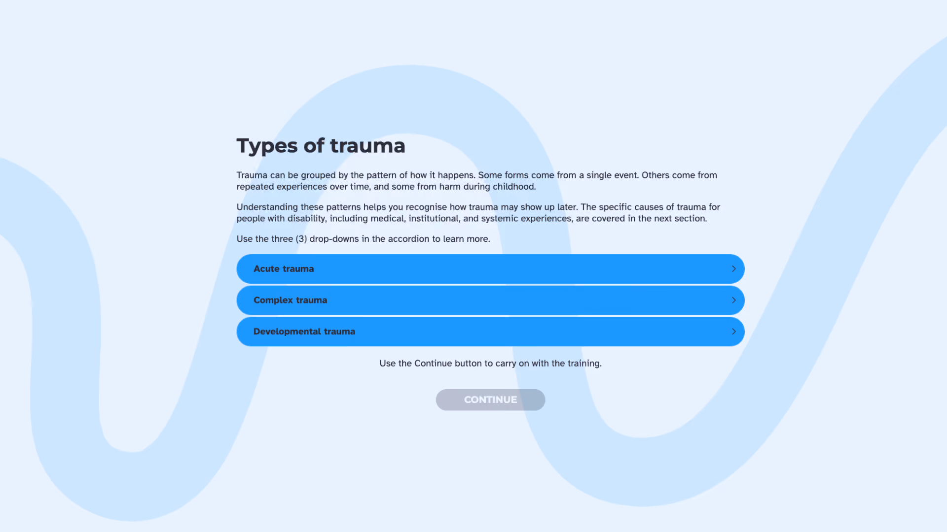 A course screen titled "Types of trauma" with a three-item accordion: Acute trauma, Complex trauma, and Developmental trauma.