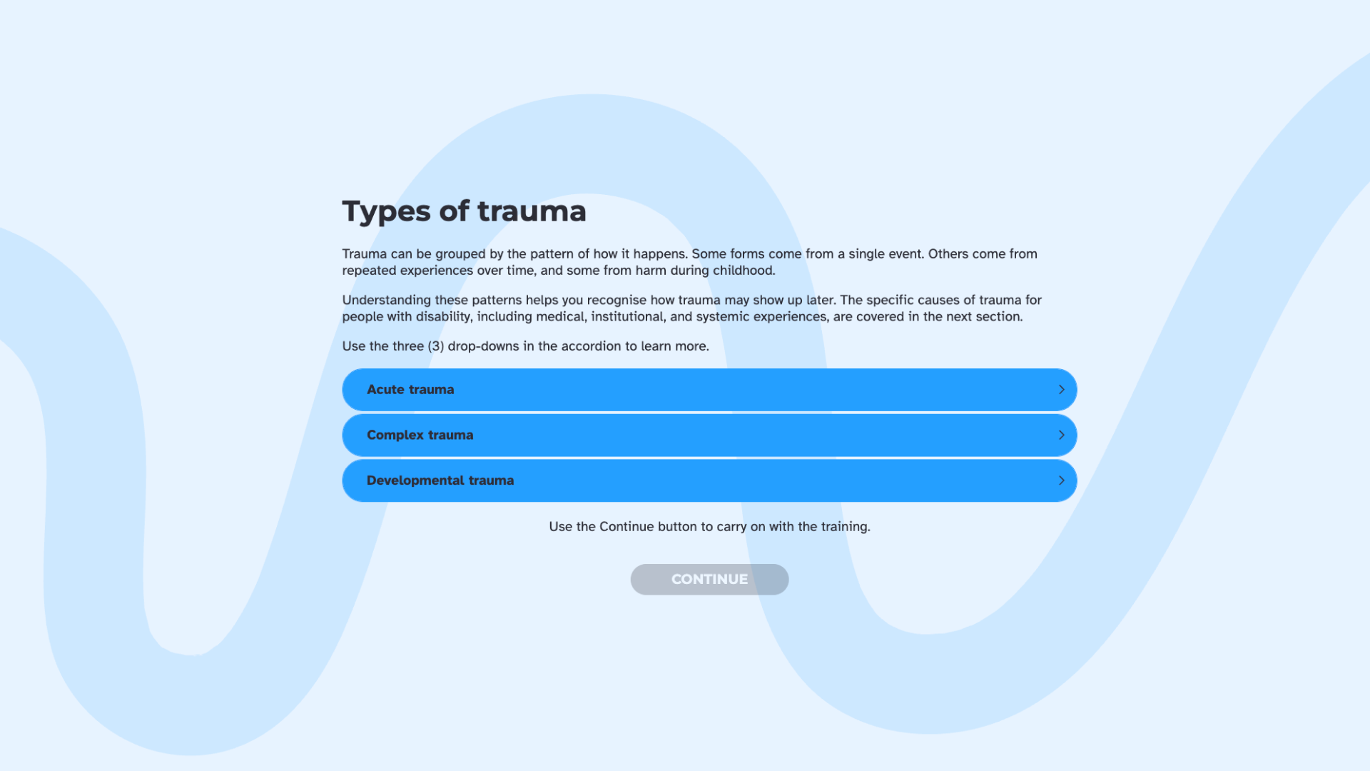 A course screen titled "Types of trauma" with a three-item accordion: Acute trauma, Complex trauma, and Developmental trauma.