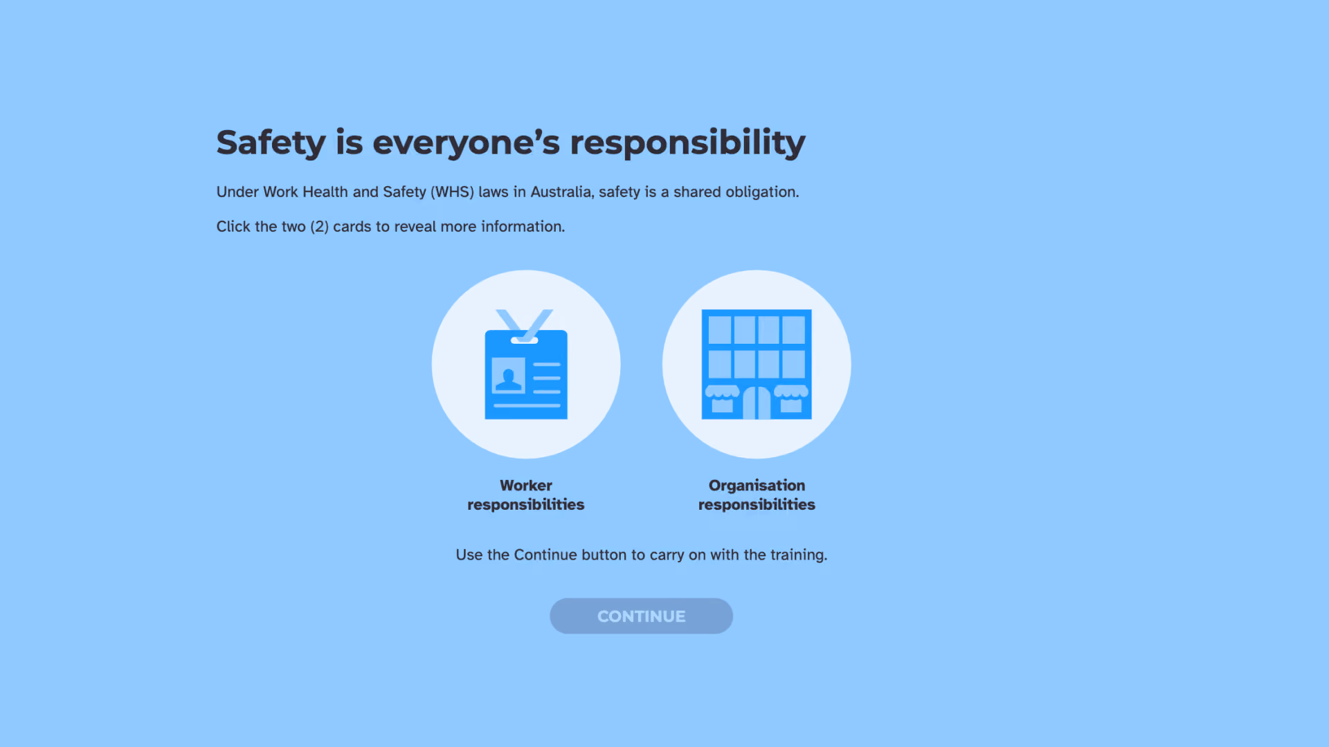 Safety is everyone's responsibility' slide explaining that under Work Health and Safety (WHS) laws in Australia, safety is a shared obligation. Two clickable cards are shown: Worker responsibilities, with an ID badge icon, and Organisation responsibilities