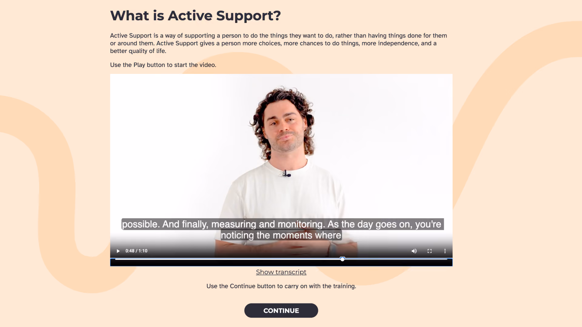What is Active Support?' lesson screen explaining that Active Support helps a person do the things they want to do, giving more choice, independence and a better quality of life, with an embedded video of a presenter speaking to camera