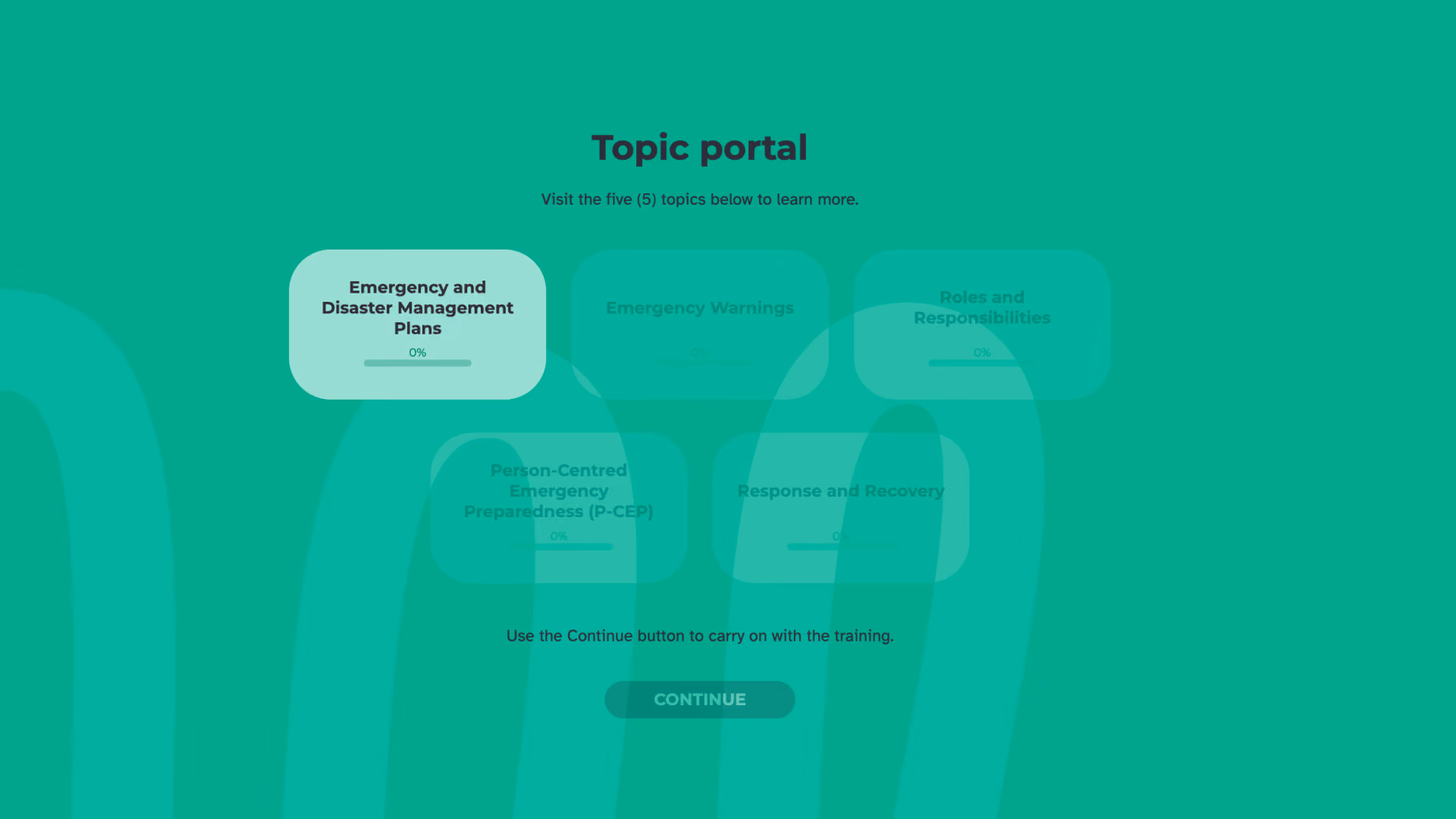 Topic portal' menu inviting learners to visit five topics: Emergency and Disaster Management Plans; Emergency Warnings; Roles and Responsibilities; Person-Centred Emergency Preparedness (P-CEP); and Response and Recovery.