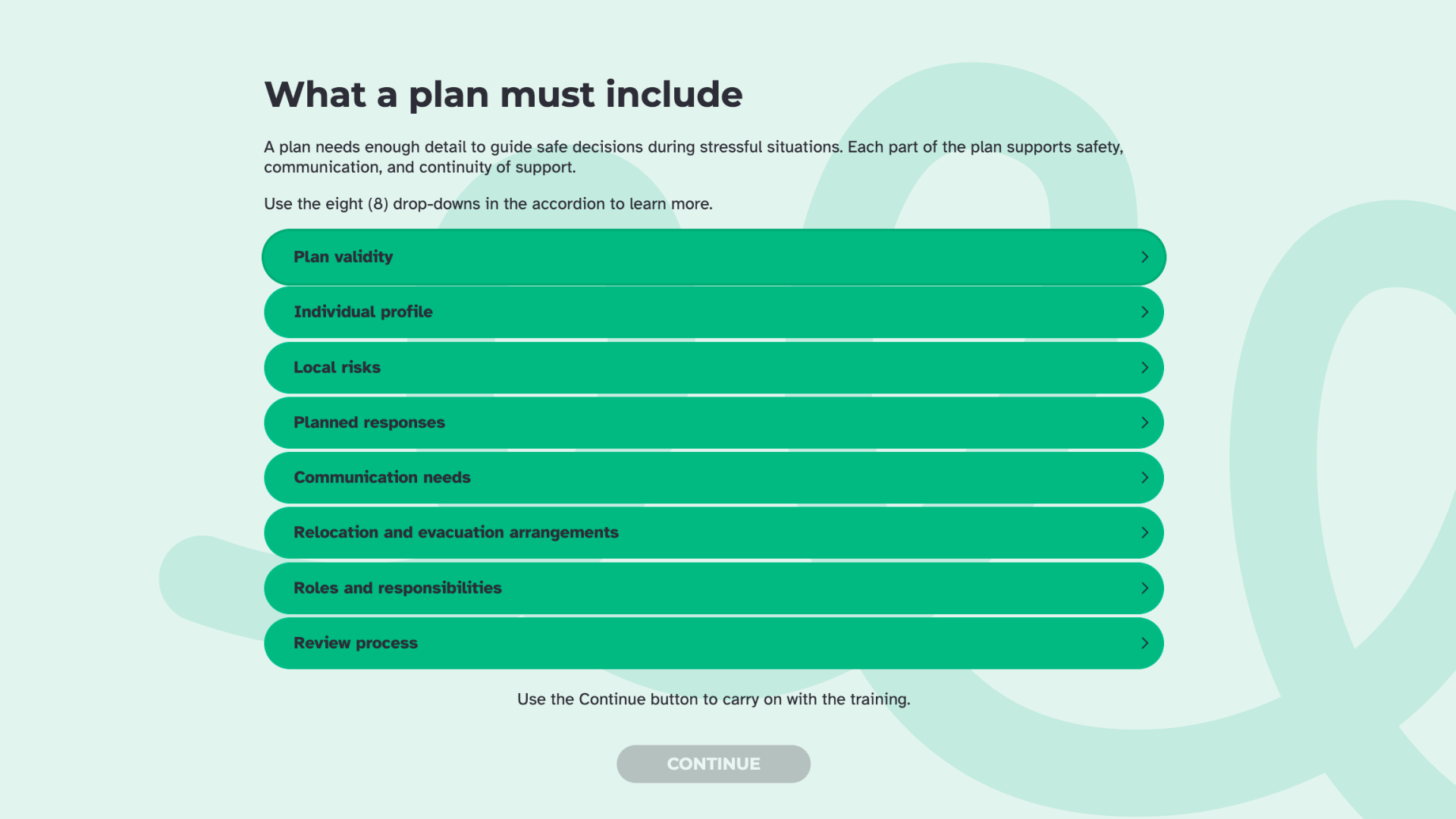 What a plan must include' slide explaining that a plan needs enough detail to guide safe decisions. Eight accordion drop-downs are listed: Plan validity, Individual profile, Local risks, Planned responses, Communication needs,