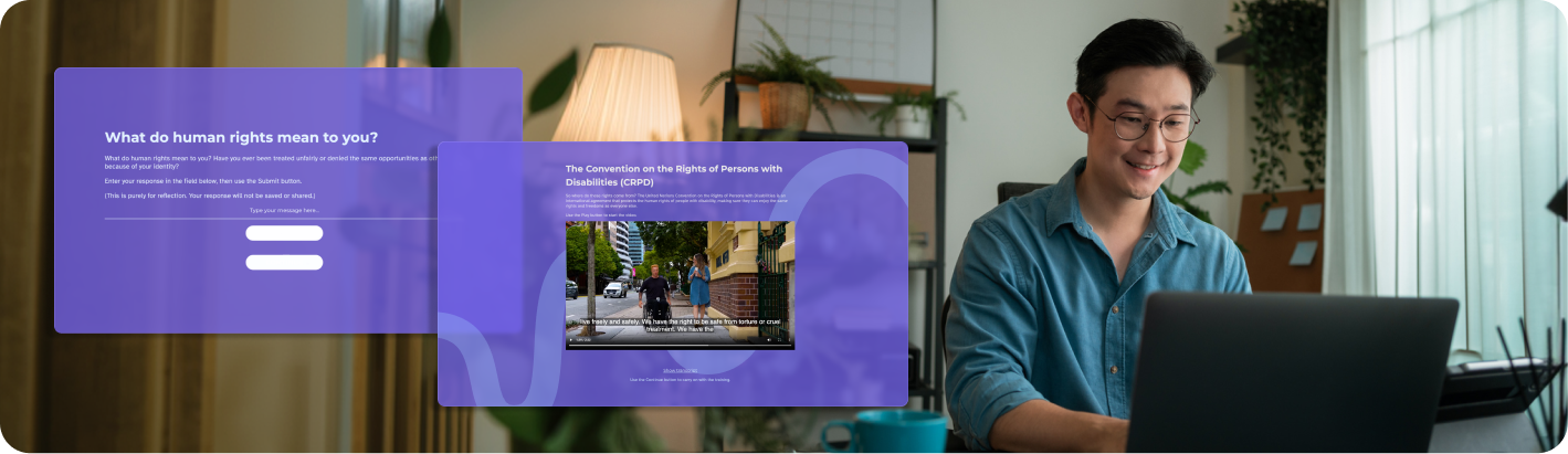 A man smiling while using a laptop at home, with two purple online training screens about human rights and the Convention on the Rights of Persons with Disabilities displayed beside him.