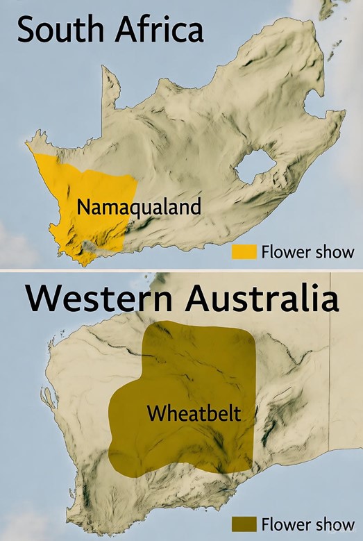 Comparative map showing South Africa's Namaqualand region in the northwest and Western Australia's Wheatbelt region, both highlighted as wildflower show areas at similar latitudes on their respective continents.