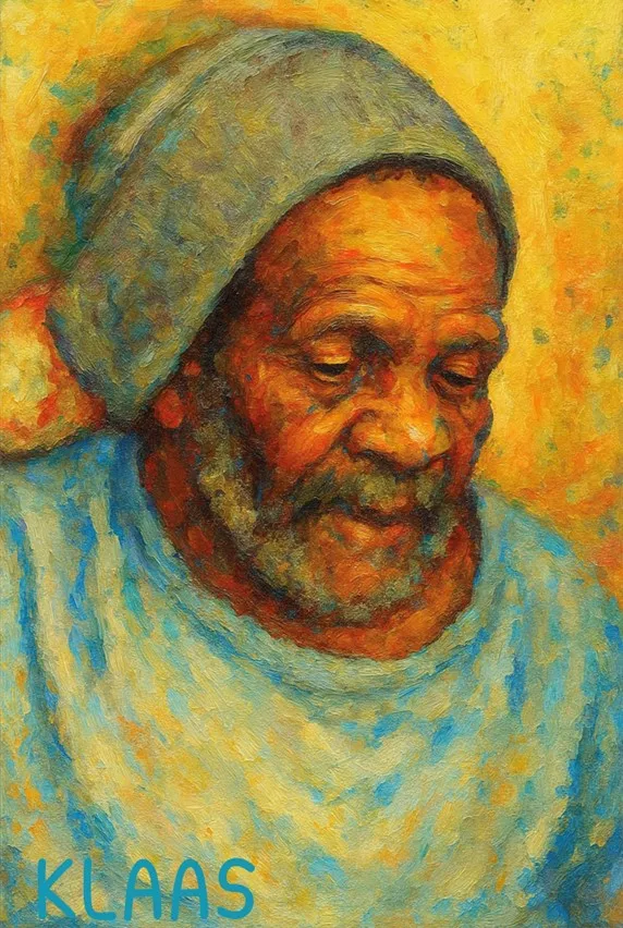 Oil painting portrait of Klaas, an elderly man in a grey knitted cap and blue shirt, rendered in warm golden and ochre tones.