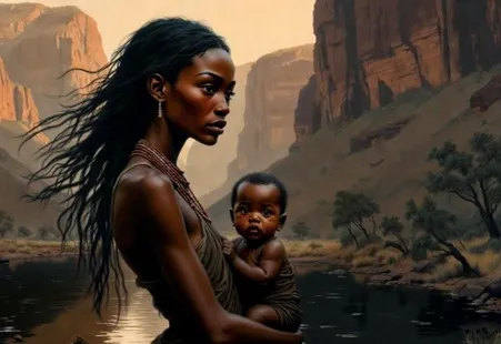 Artistic depiction of !Khwa, the Khoisan water spirit, holding a baby beside a dark pool beneath towering mountain cliffs.