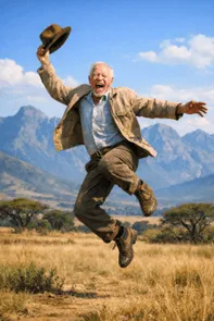 Elderly man leaping joyfully in the African savanna, hat raised triumphantly, with dramatic mountains in the background