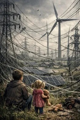 Two children gaze at a dystopian landscape choked with wind turbines, transmission towers, tangled power lines, and solar panels under a brooding grey sky — the girl clutches a teddy bear