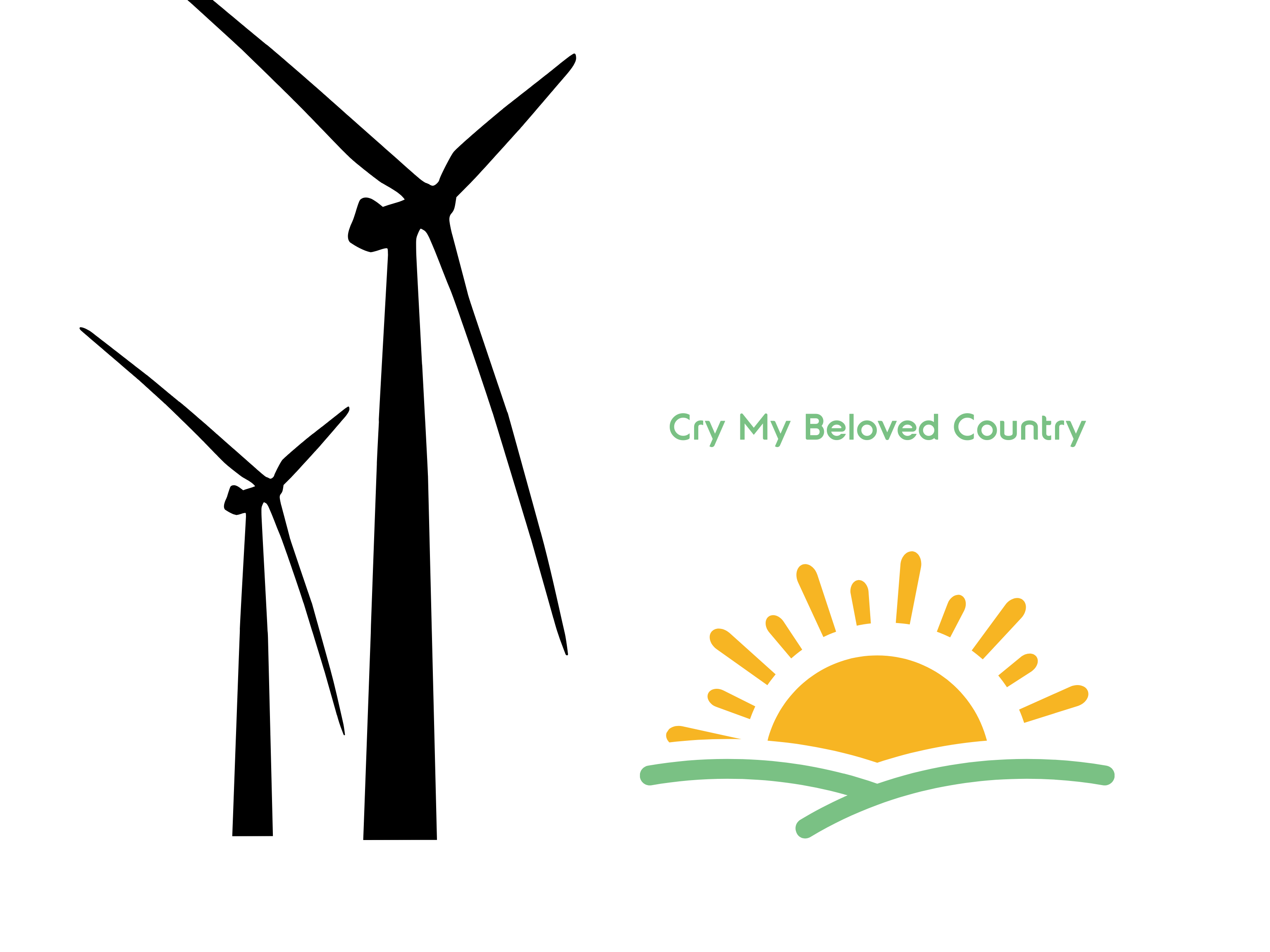 Cry My Beloved Country logo featuring a sunrise over green hills beside a wind turbine silhouette