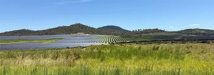 A wide landscape view of a massive solar farm transitioning into green fields, with forested mountains in the distance.