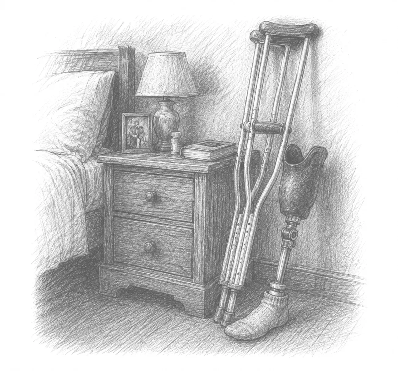Wooden bedside table with a lamp, framed family photo, medicine bottle, and books beside a bed, with crutches and a prosthetic leg leaning against the wall.