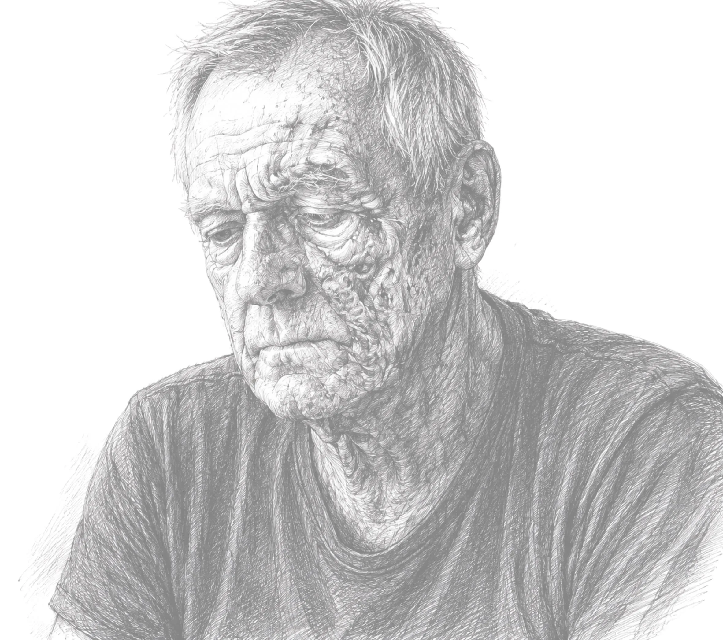 Detailed pencil drawing of an elderly man with deep wrinkles and a solemn expression, looking downward in quiet reflection.