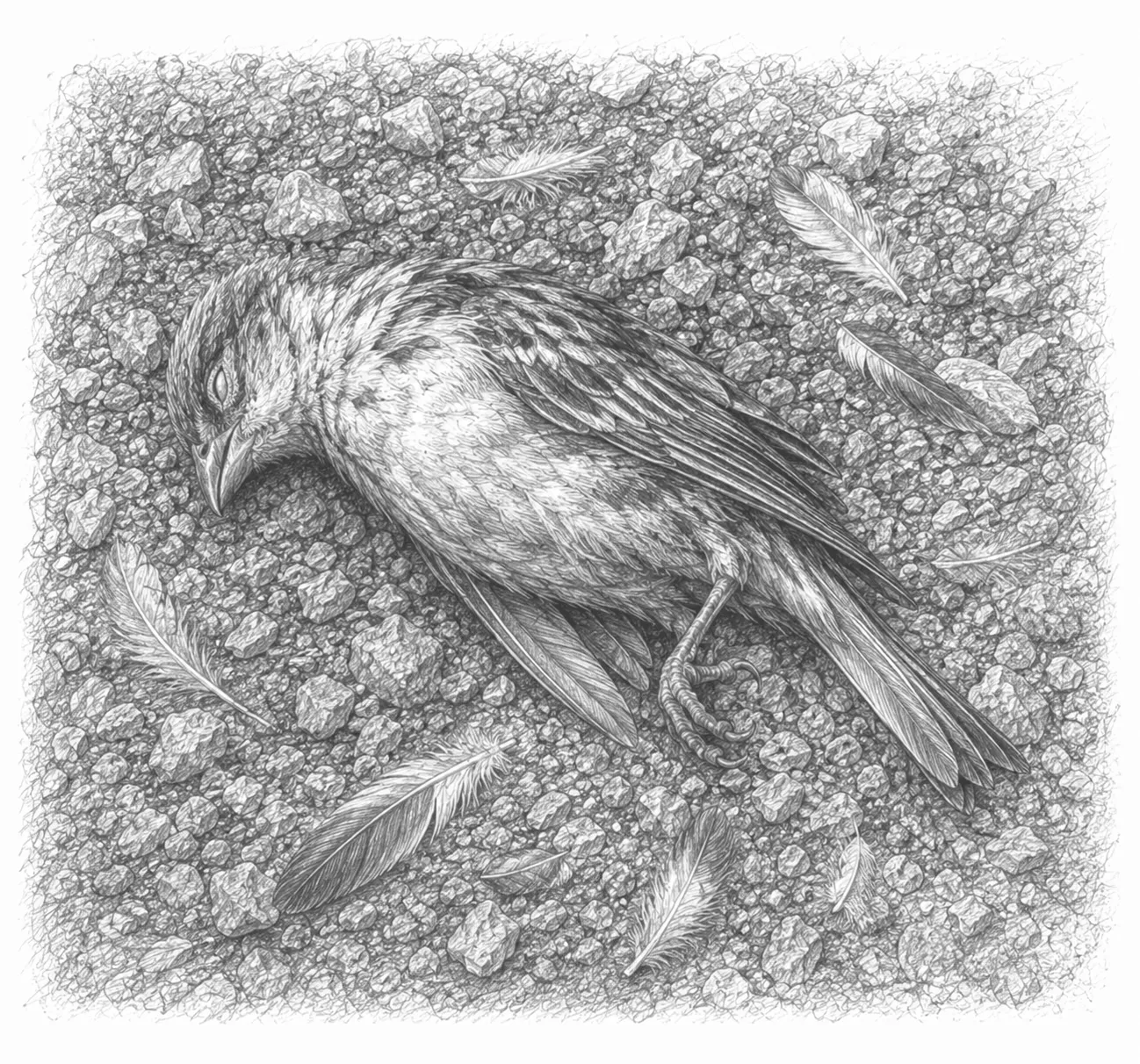 Pencil illustration of a lifeless bird lying on a gravel surface, surrounded by scattered feathers, conveying loss and fragility.