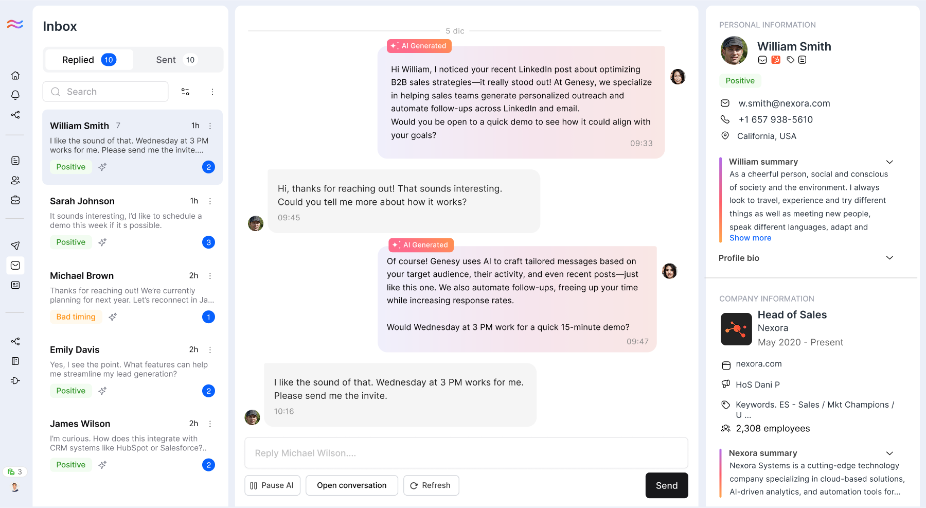 Genesy's inbox to manage contact replies with the help of AI 