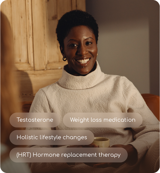Person applying a clear patch to thigh with text about testosterone, weight loss medication, lifestyle changes, and HRT.
