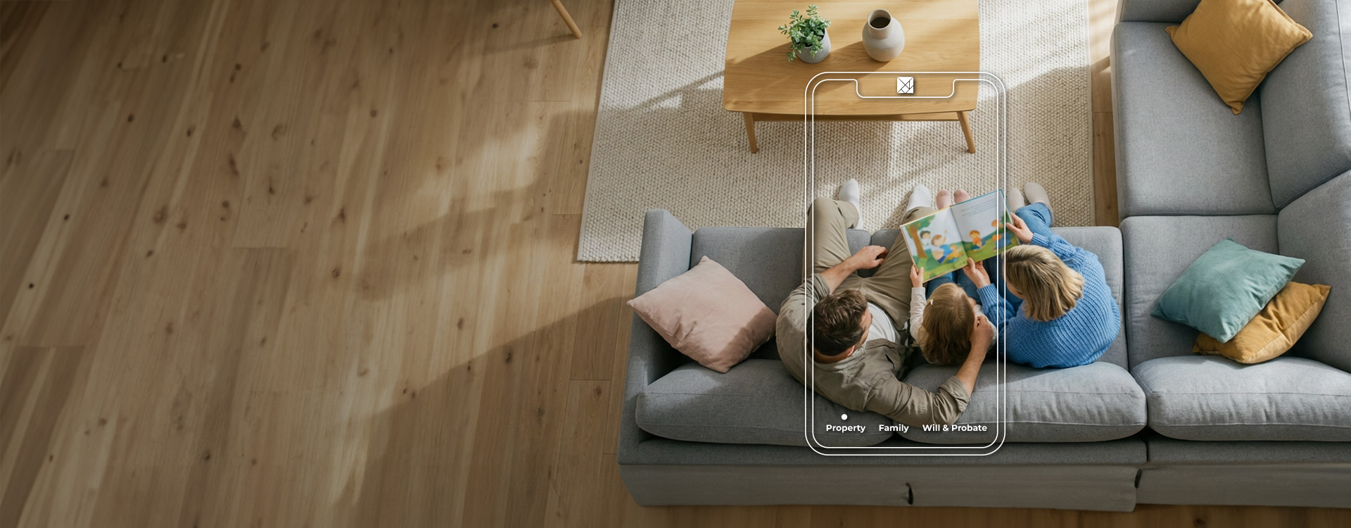 Family sitting on couch reading a book