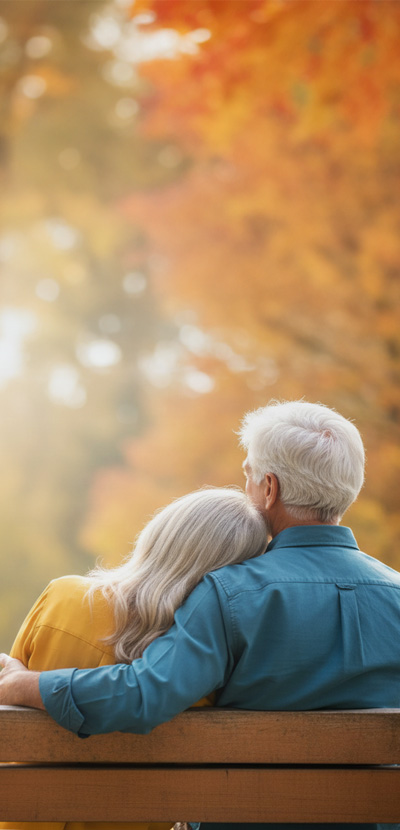 Older couple sitting together on a park bench