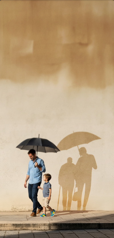 Father and son walking together holding an umbrella