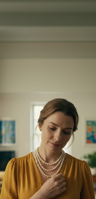 Woman holding her pearl necklace