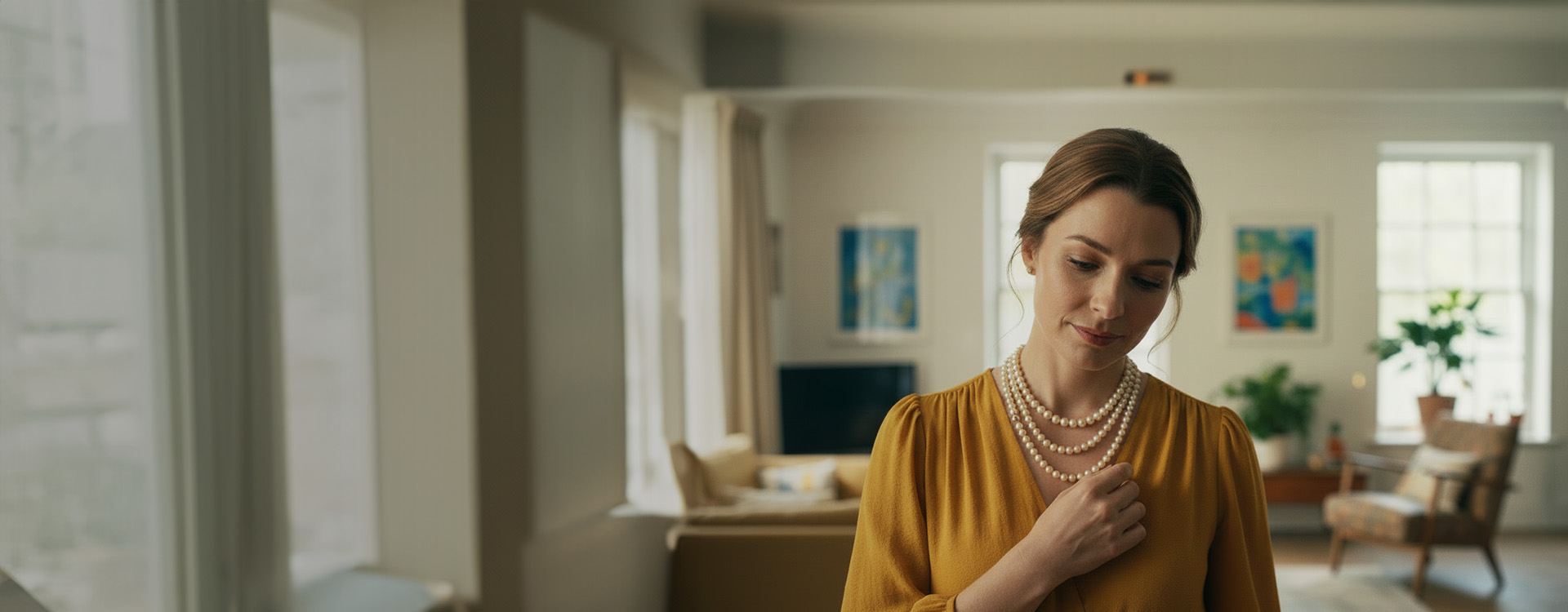Woman holding her pearl necklace