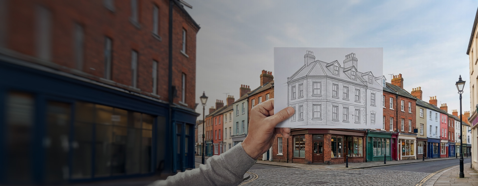 Hand holding a paper with a building drawing